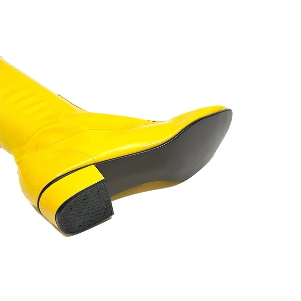 Vintage 1960s deadstock banana yellow vinyl over the knee pull on gogo boots